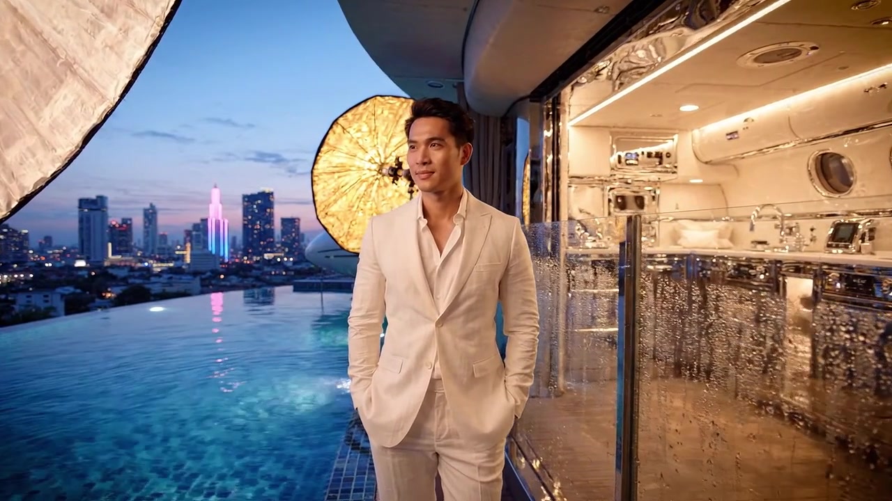 Hombre elegante con traje blanco de pie junto a una lujosa piscina al atardecer, iluminado por suaves luces brillantes y mostrando un impresionante horizonte urbano al fondo.