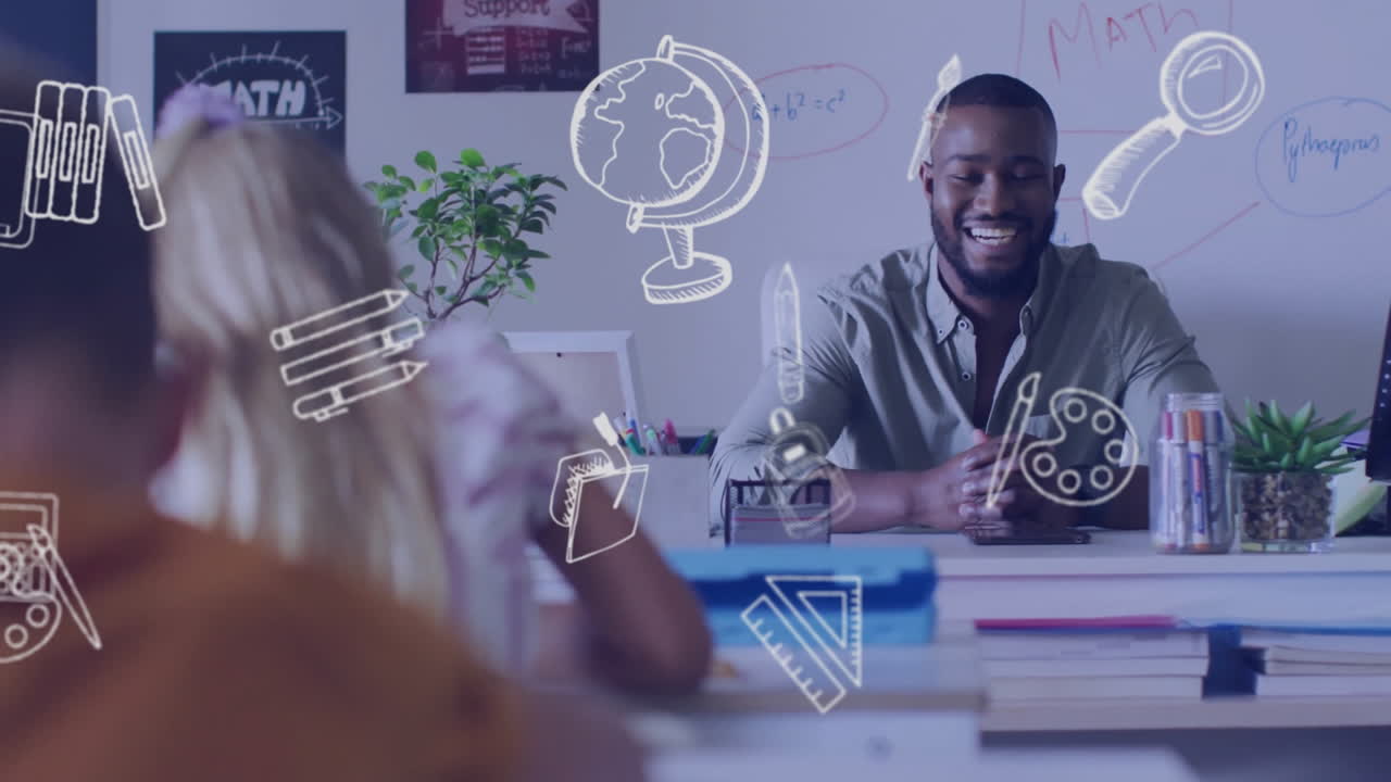Animation of school icons over diverse schoolchildren and male teacher