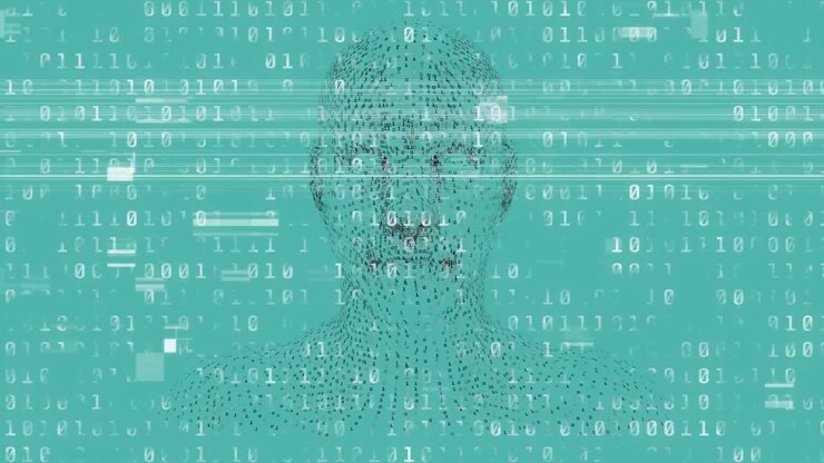Animation of human head over binary coding numbers on green background