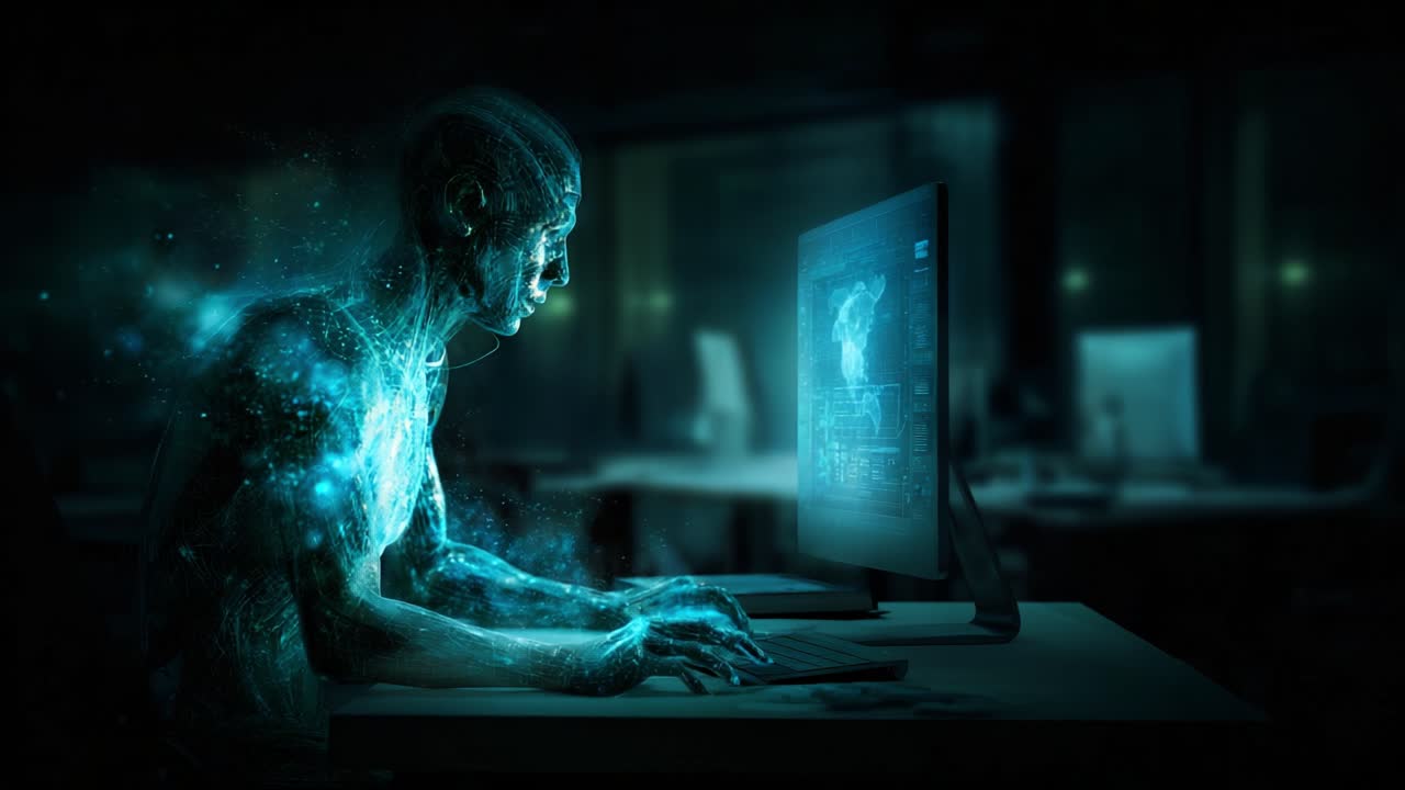 A digital being immersed in technology, creating or analyzing data on a computer screen, surrounded by a shimmering aura of vibrant energy in a dark, futuristic environment