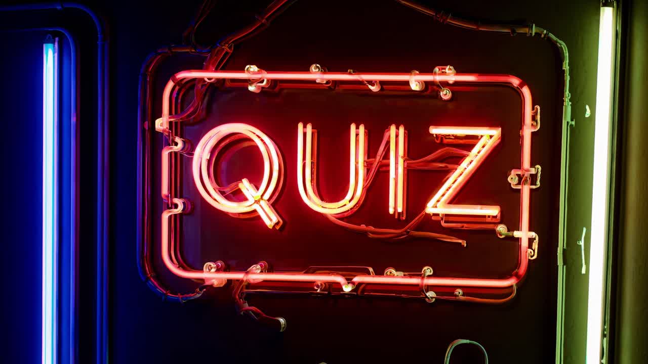 Neon quiz sign variations revealing dynamic color palette. Presenting vibrant graphic design capturing entertainment industry's energetic visual language with multiple illuminated color combinations