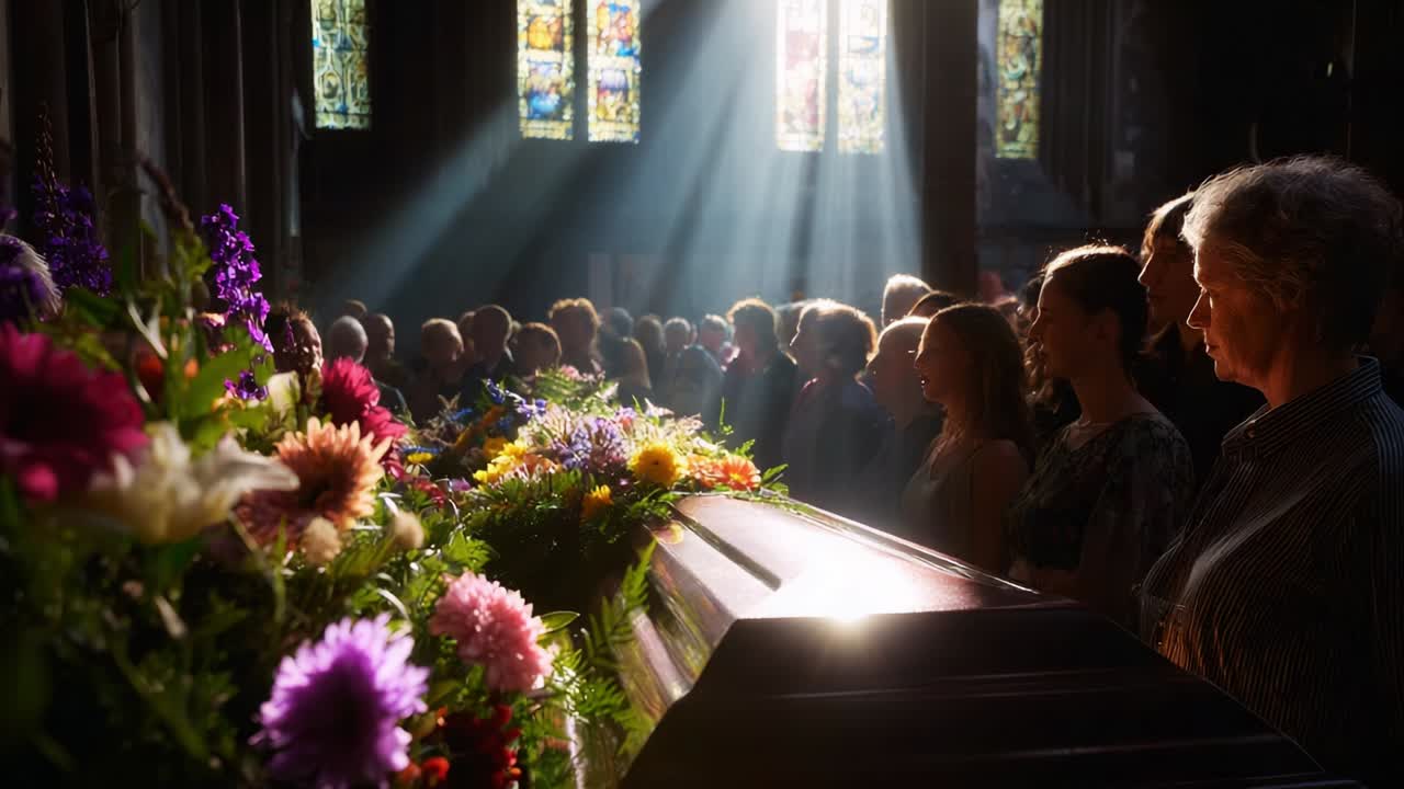 A solemn gathering of mourners in a sunlit church, paying tribute to a loved one with vibrant flowers adorning a casket, echoing feelings of loss, remembrance, and community in a tranquil setting