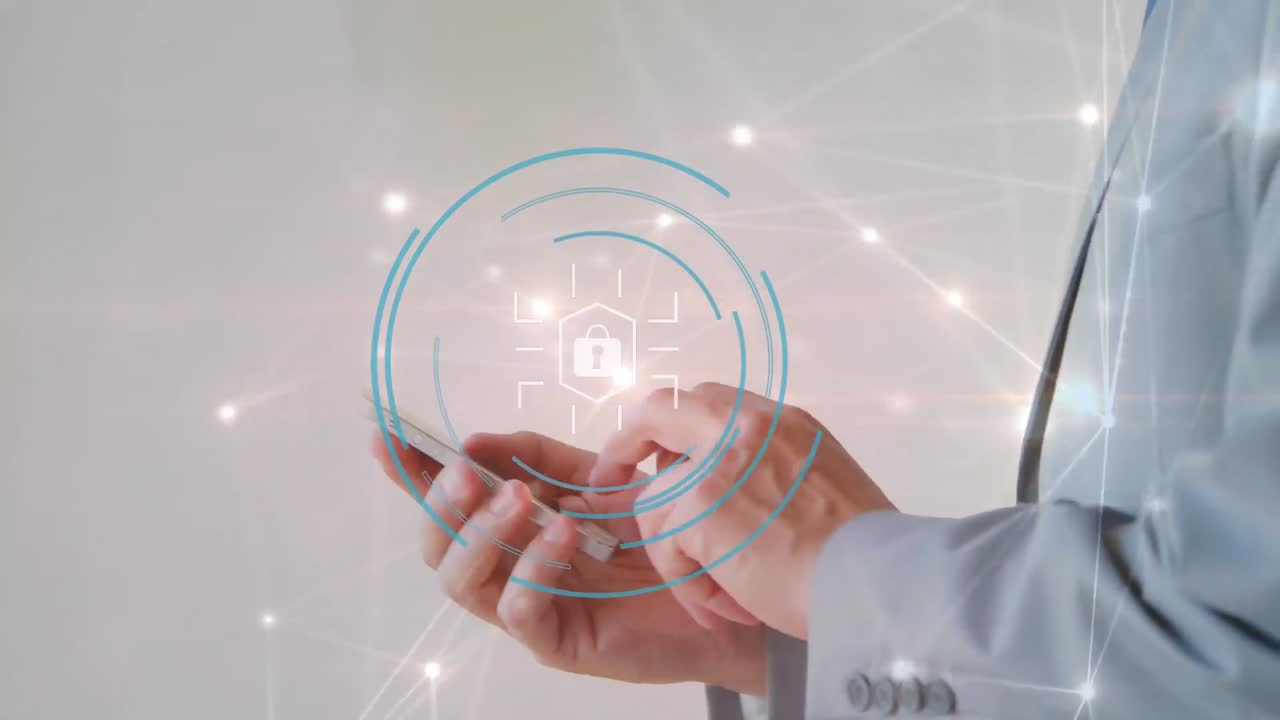 연결 네트워크의 애니메이션과 카우카스 사업가에 대한 스캔 범위