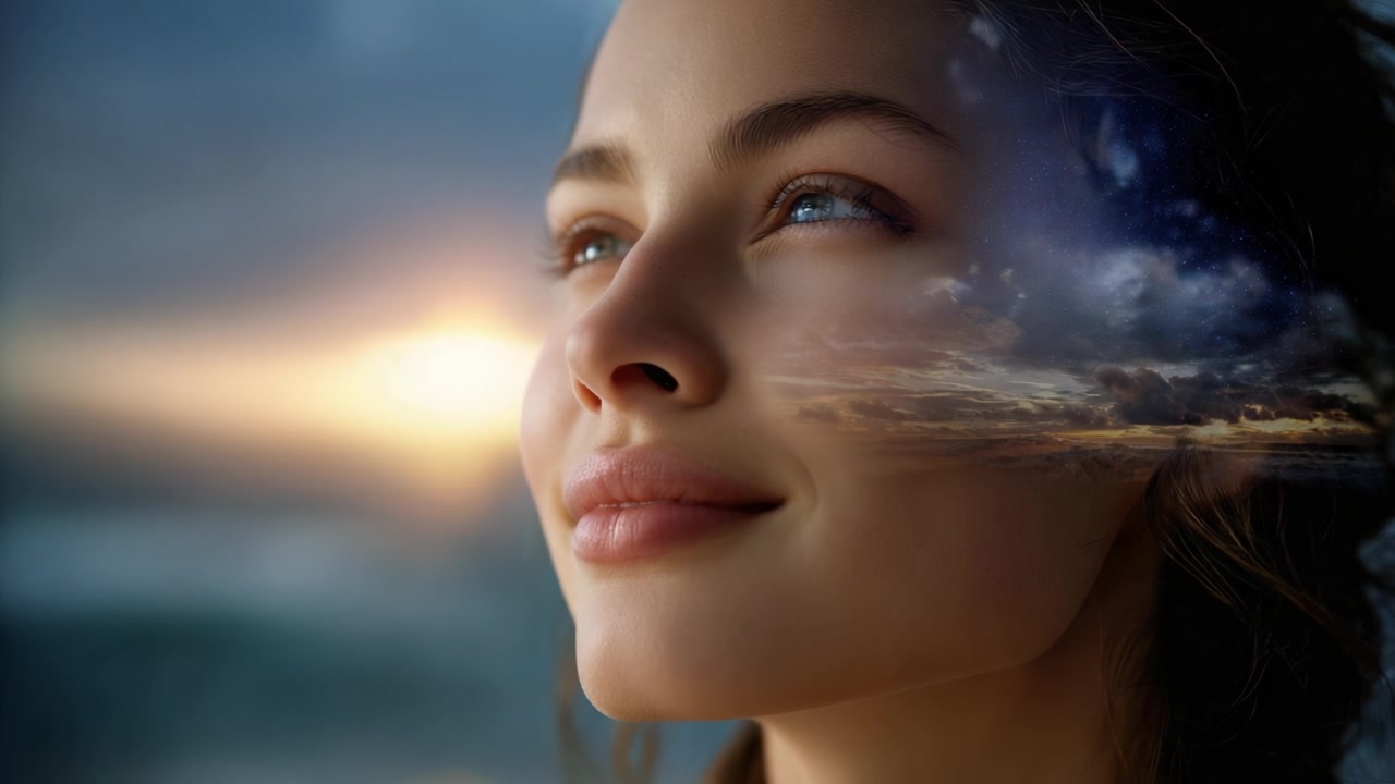 Uma mulher serena olhando para o horizonte com uma mistura de sonhos e realidade, capturando a beleza da natureza refletida em sua expressão pensativa.