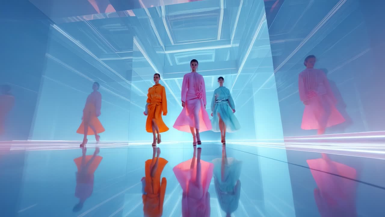 Mesmerizing Fashion Showcase: Three Models Strut Down a Futuristic Runway Enhanced by Brilliant Colors and Stunning Lighting Effects, Enveloping the Scene with a Captivating Aura of Elegance and Style
