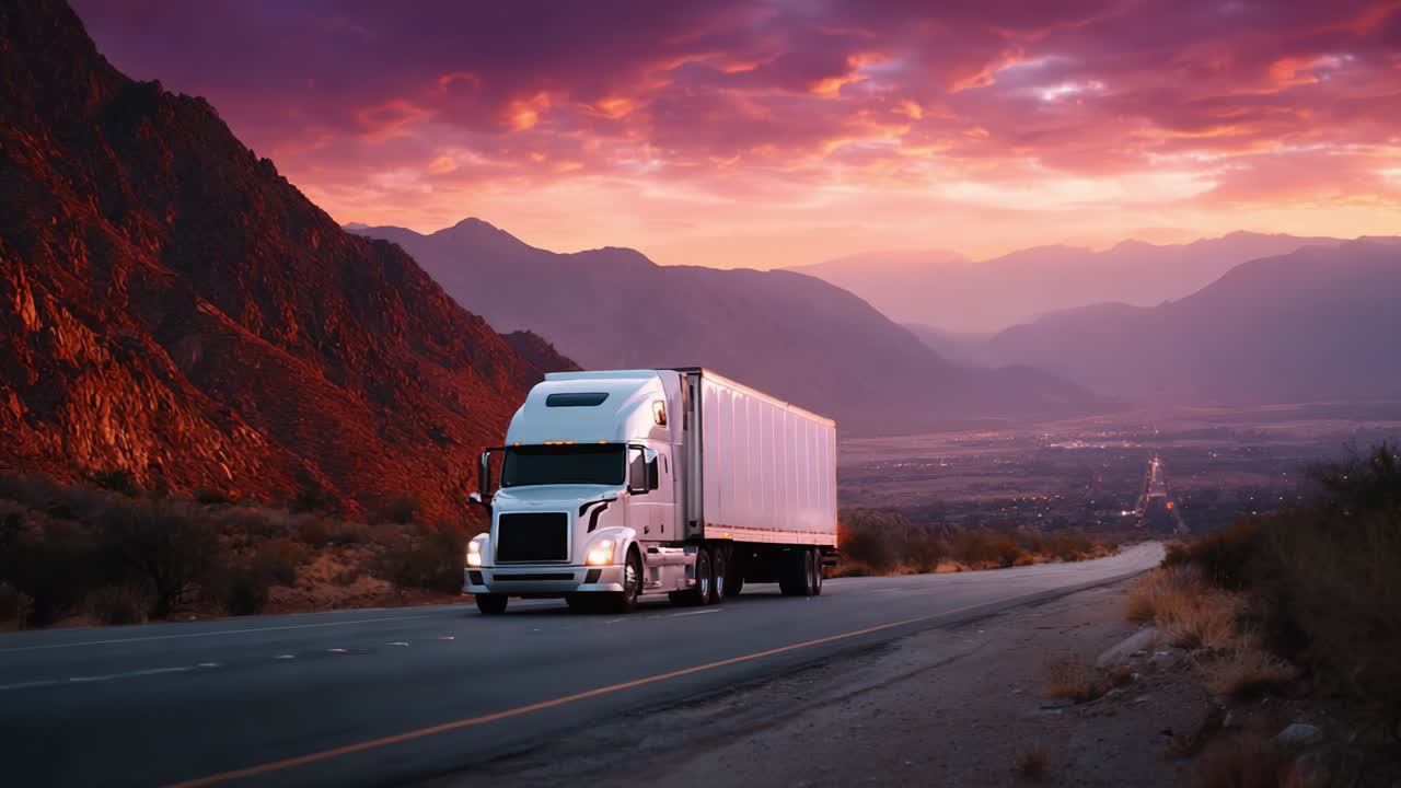 A Majestic Truck Journey at Sunset Through a Scenic Mountain Landscape, Capturing the Beauty of the Road and Nature as a Truck Travels Down the Winding Highway Surrounded by Breathtaking Mountains and Vivid Colors