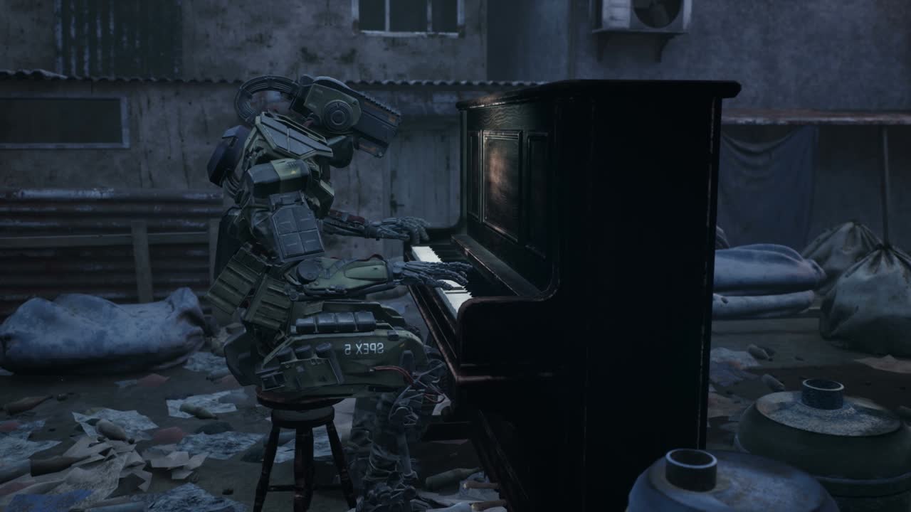 A cybernetic robot plays the piano alone in a foggy slum. A ruined area of the city, shacks and multi-storey buildings. Old deserted buildings. Animation perfect for apocalyptic and sci-fi backgrounds