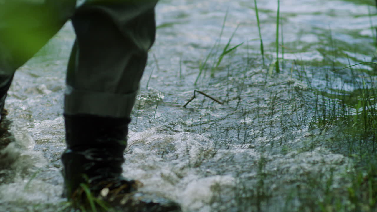 Fly Fisherman Legs in Waders Walking through River while Fishing in the Colorado Mountains in Slow Motion
