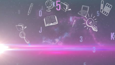 animación de números y letras cambiantes con objetos escolares en movimiento y luz rosa sobre el cosmos