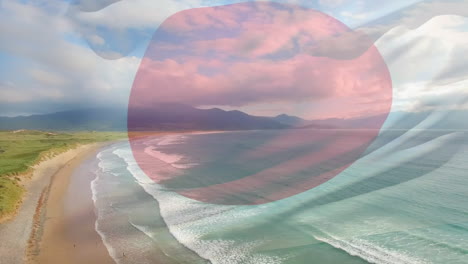 animation of flag of japan blowing over beach landscape