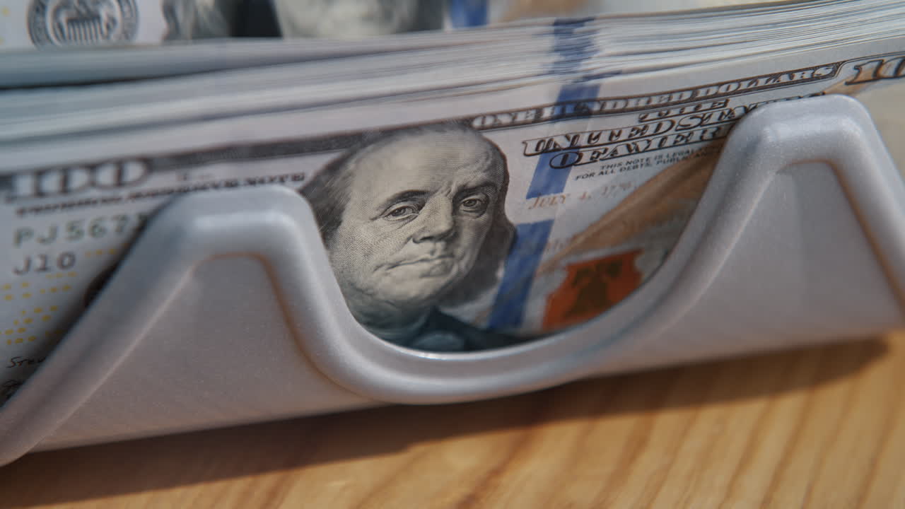 Macro counter counting dollar bills. Money calculating machine 100 usd closeup