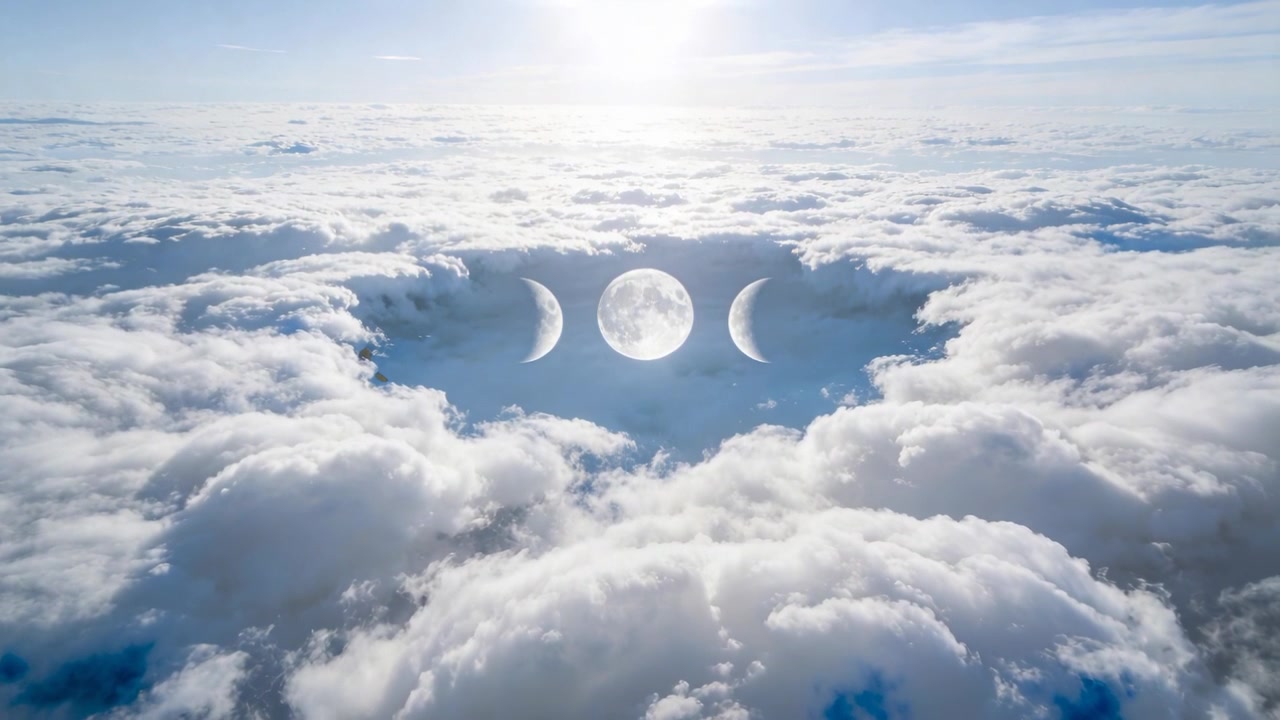 Moving aerial camera approaching cloud gap above thick cloud deck, centering three lunar discs