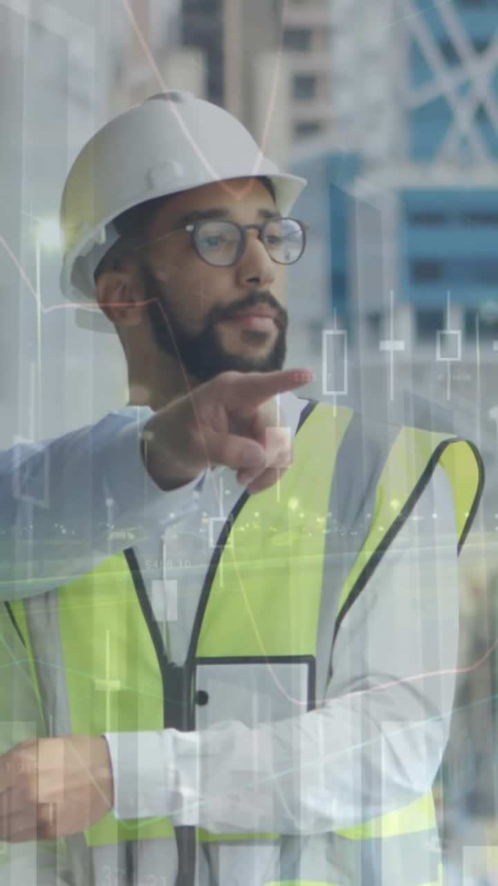 animación del procesamiento de estadísticas sobre arquitectos masculinos hablando en el sitio de construcción