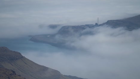 Dense-Fog-And-Clouds-Over-The-Kaldbaksfjordur,-Fjord-In-Faroe-Islands