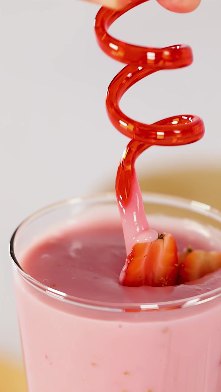 Cannuccia a spirale rossa inserita in un frullato cremoso alla fragola con frutta a fette, illuminazione brillante, primo piano