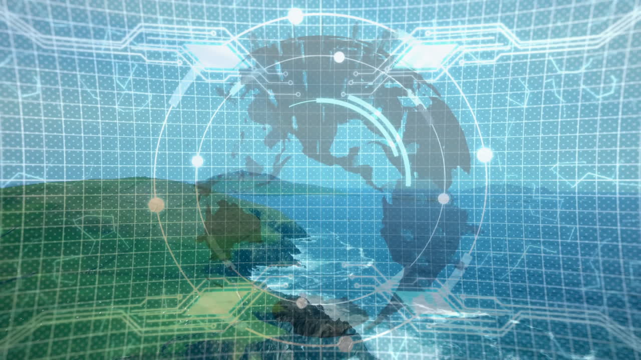 Digital animation of world map overlaying landscape with network data visualization