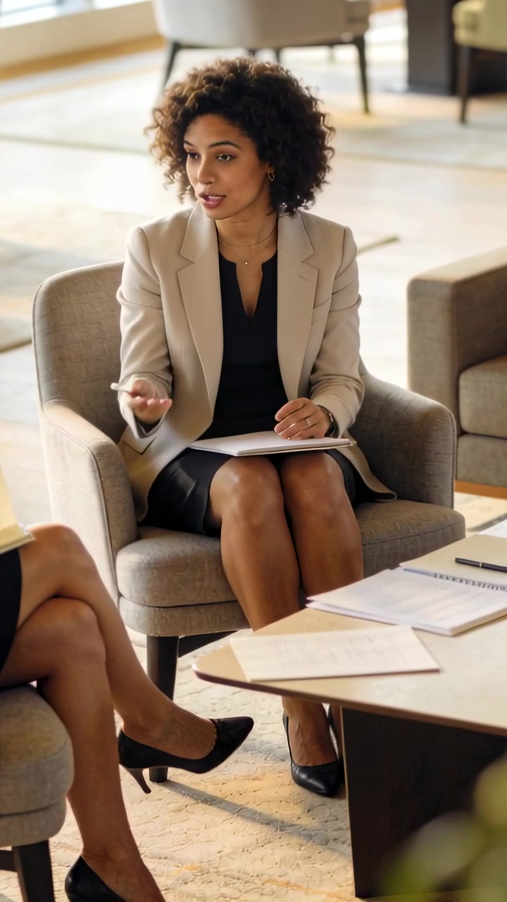 Video verticale: Ascoltando un collega, una donna in blazer prende appunti e risponde in una lounge con un blocco note.
