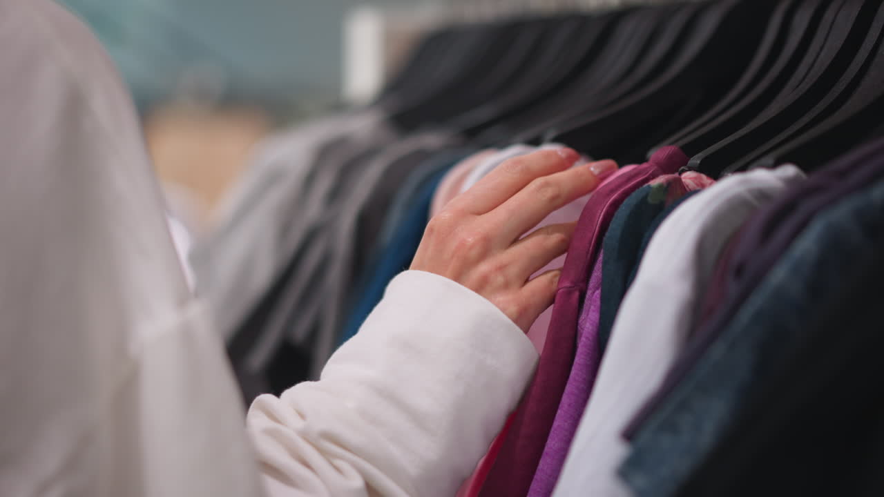 Close-up of female hand carefully browsing colorful clothing rack, focusing on soft textures and vibrant fabric colors in retail store, showcasing thoughtful shopping experience and fashion choices
