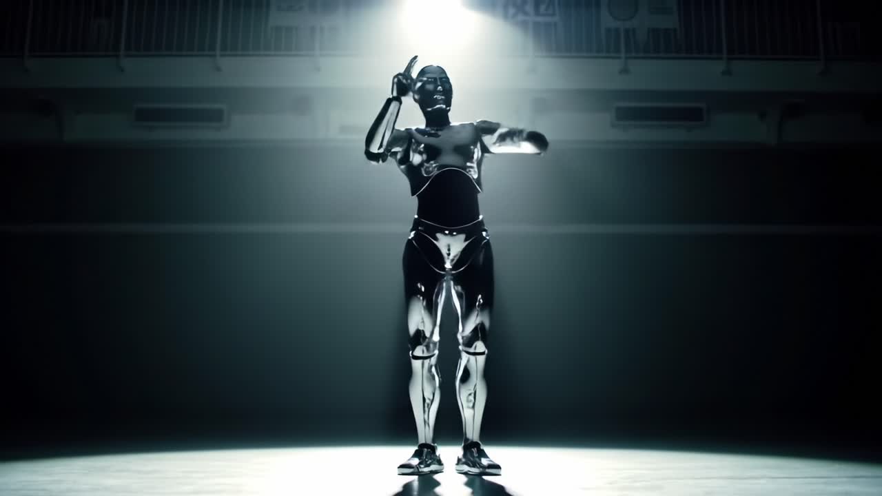 A highly advanced robot showcases impressive dance moves in a dimly lit urban space.