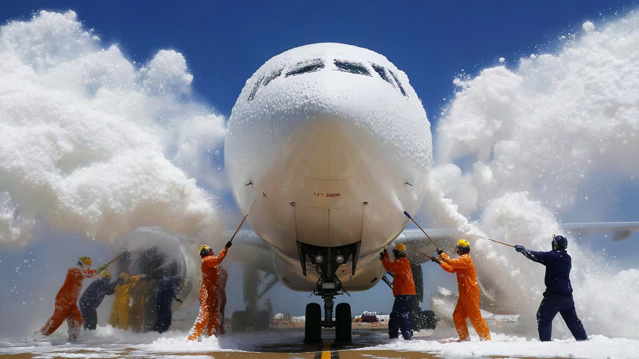 Emergency Aircraft Rescue Operation: Firefighters Apply Foam to Aircraft During Emergency Response, Demonstrating Critical Safety and Rescue Procedures in Aviation Operations