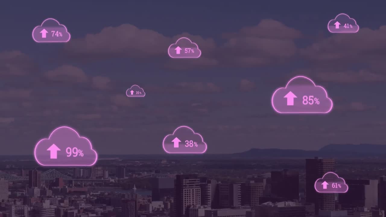animación del icono de la nube con el porcentaje y la ciudad en el fondo