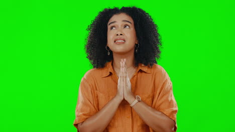 praying, woman and green screen with hope