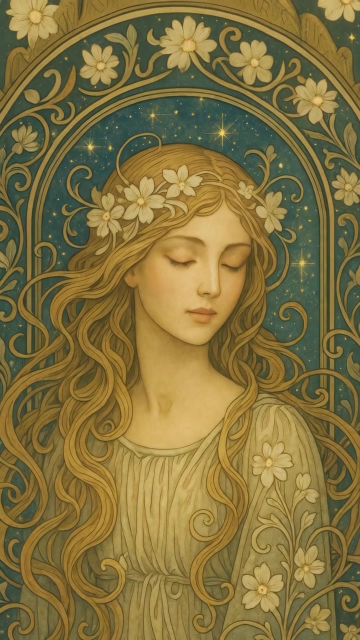 Art Nouveau Illustratie van een Jonge Vrouw met Bloemenkroon