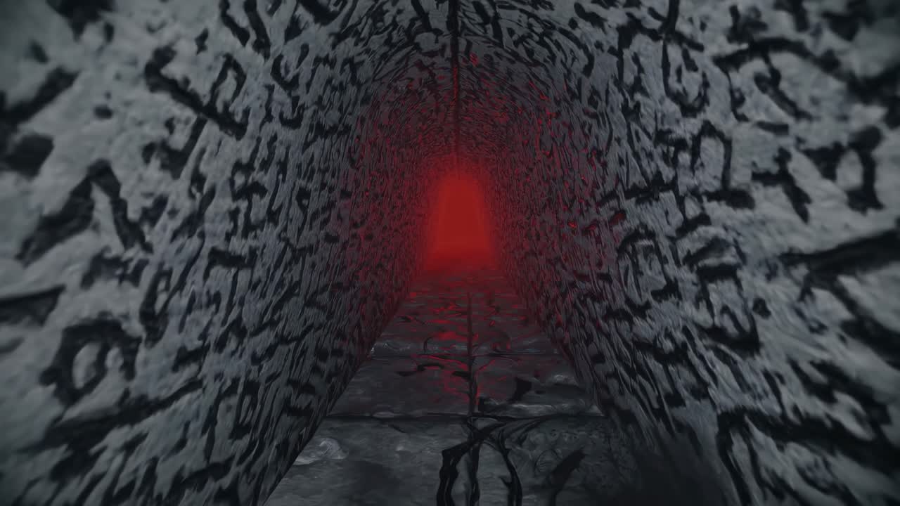 Dark tunnel with textured walls leads toward a glowing red light, creating an eerie atmosphere and inviting exploration of the mysterious environment