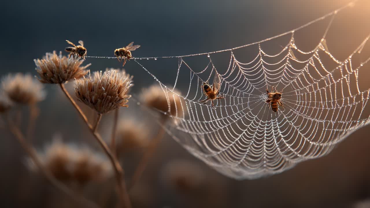 A Beautiful Morning Scene Featuring Bees and a Dew-Covered Spider Web Among Delicate Flowers, Capturing the Essence of Nature's Intricate Interactions