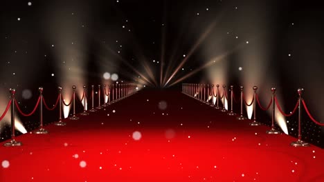 Animation-of-white-spots-of-light-floating-over-red-carpet-venue-with-moving-spotlights