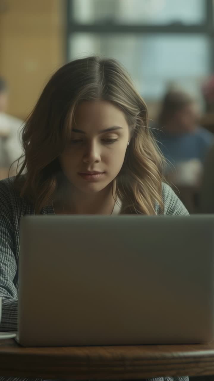 Vertical video: Opening silver laptop, woman typing and pausing at busy cafe table starting work
