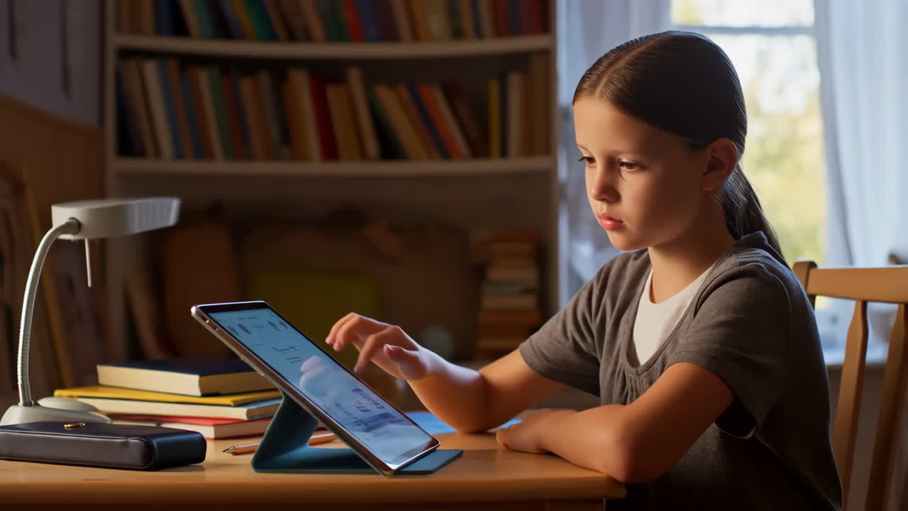 Young girl focused on learning with a tablet at her desk