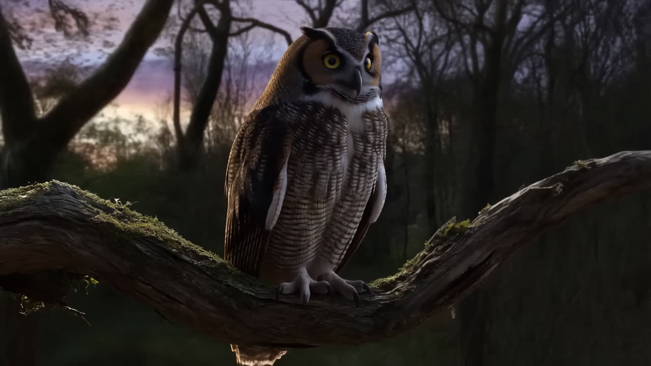 Long-eared Owl Perched in a Twilight Forest