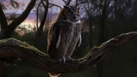 long-eared owl perched in a twilight forest