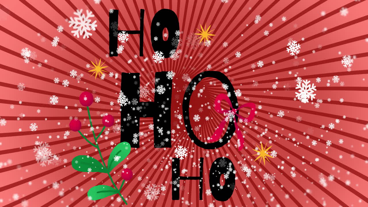 Ho text animation over red background with snowflakes and holiday decorations