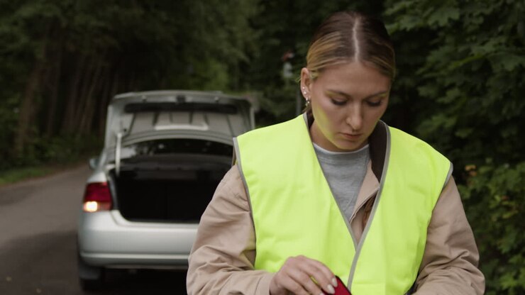 Donna con triangolo di emergenza vicino all'auto
