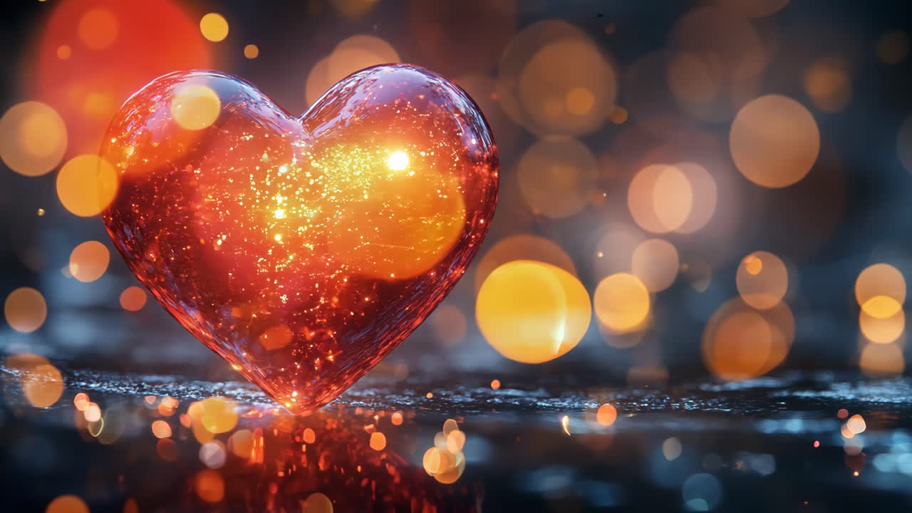 A heart made of glass is lit up with a bright red glow. The heart is surrounded by a blurry background, giving the impression of a dreamy, ethereal atmosphere