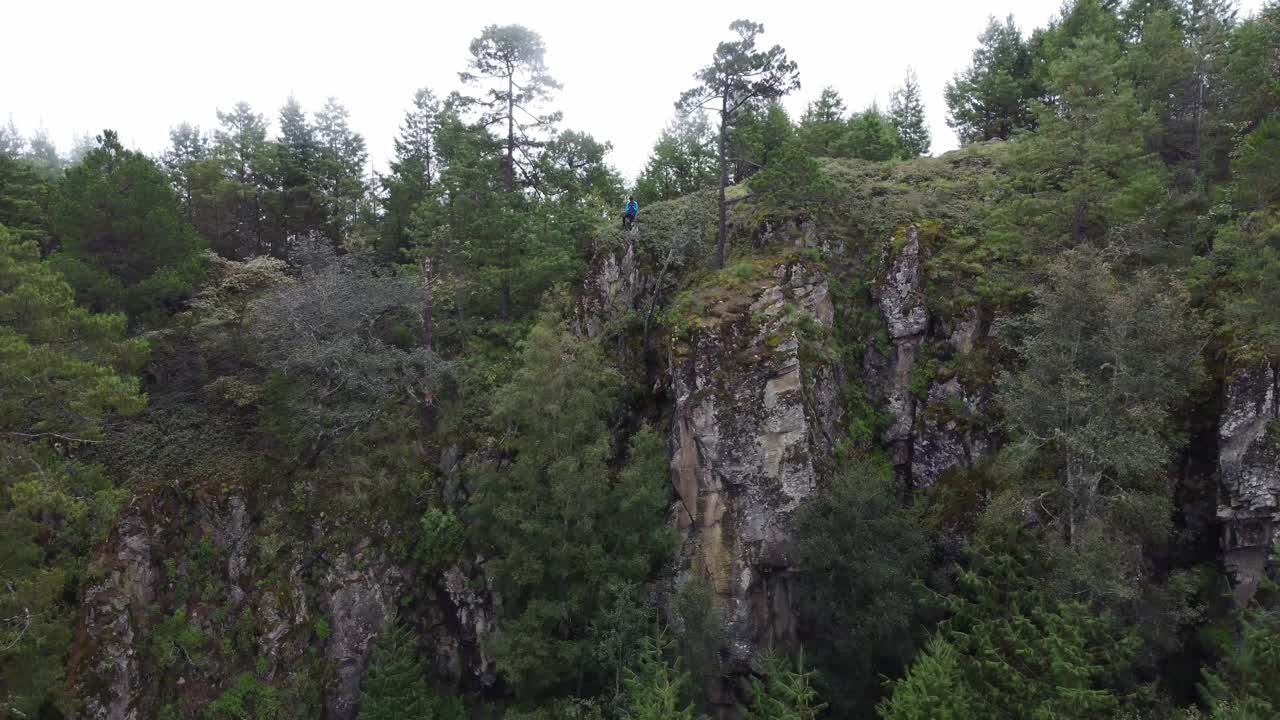 alejándose de un tipo sentado en el borde del cráter en medio del bosque