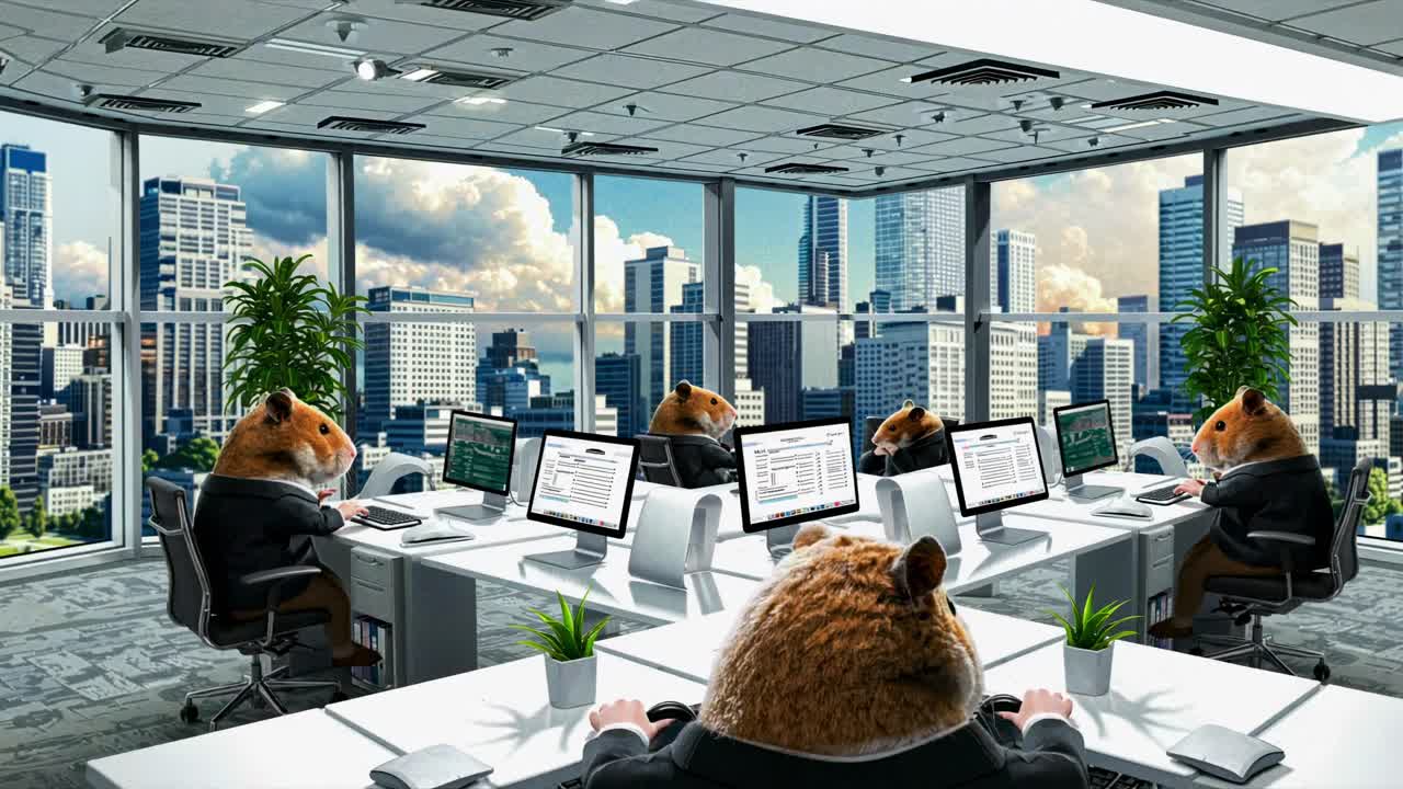 In a bustling high-rise city during the day, office workers resemble hamsters as they collaborate and hustle through their tasks