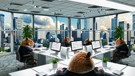 in a bustling high-rise city during the day, office workers resemble hamsters as they collaborate and hustle through their tasks