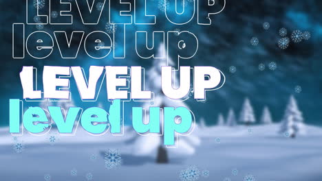 level up text animation over snowy landscape with falling snowflakes