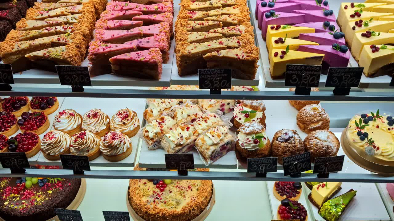 A lively bakery stall in Latvia showcasing various sliced cakes and pastries, each with handwritten euro price tags, inviting customers to choose from colorful sweet treats