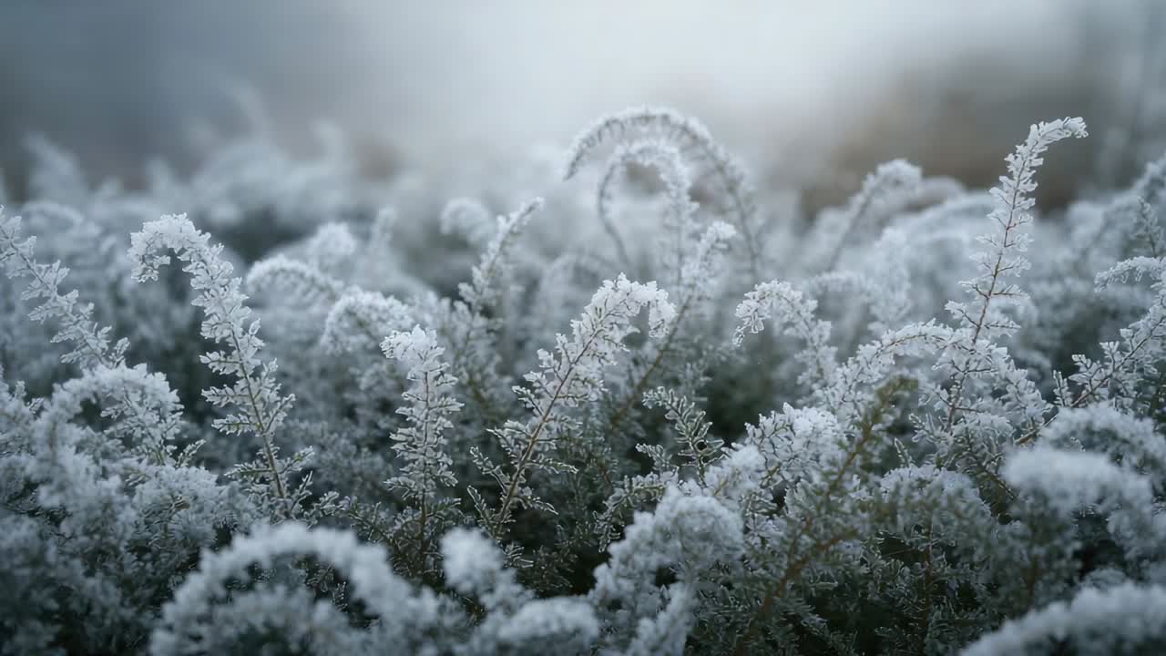 Svingende frostet planteklynge med bris som dytter og linse som skifter fokus i hagen, og viser frost