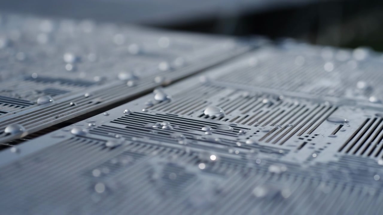 Shallow focus close-up of textured metal panels covered with scattered water droplets, forming an abstract industrial background in cool daylight