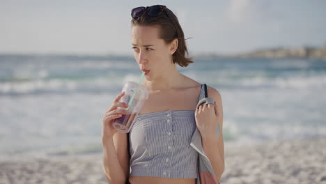 Retrato-De-Una-Hermosa-Joven-Segura-De-Sí-Misma-Bebiendo-Jugo-En-Una-Playa-Soleada-Disfrutando-De-Un-Cálido-Día-De-Vacaciones-De-Verano-En-El-Fresco-Fondo-Marino-Del-Océano