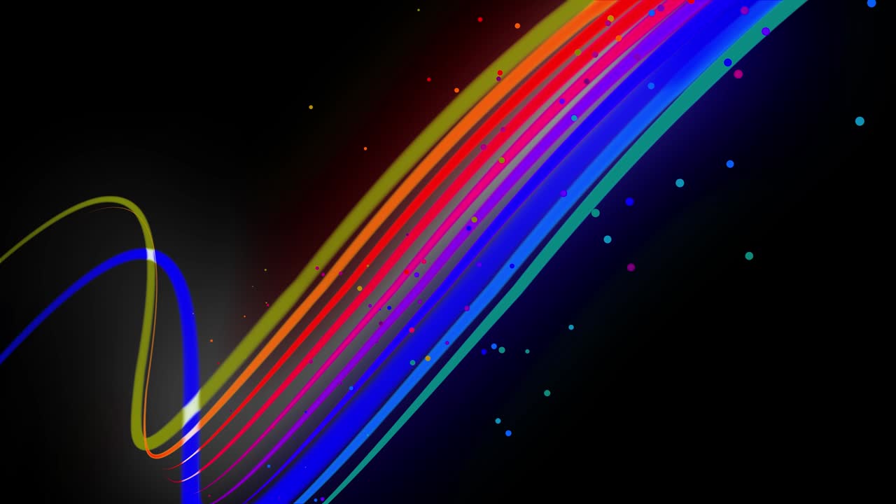 다채로운 네온 라인이 공중에 날아다니며 부드럽게 진동하고 파동합니다. 라인의 색은 순환적으로 변합니다. 3d 추상 루프 4k 배경, 알파 채널로 루마 매트.