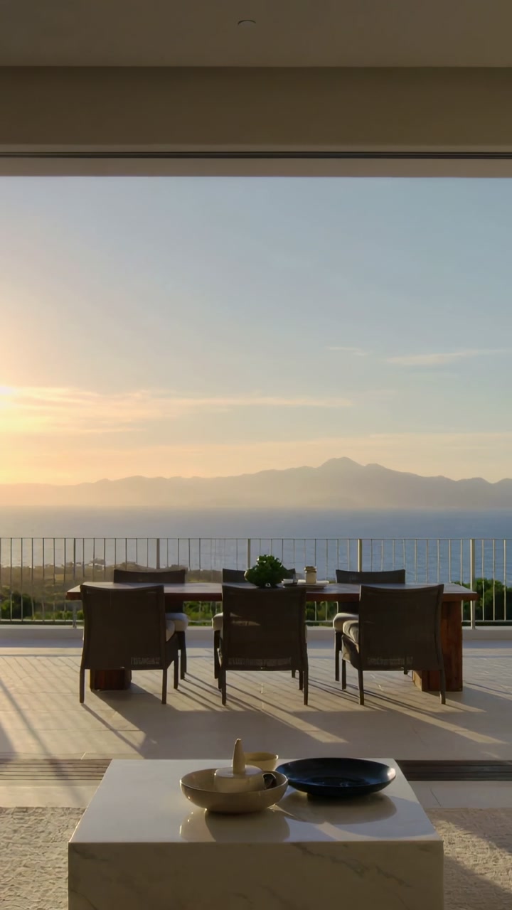 Vertical video: Sun shifting, bathing dining grouping, highlighting bowls and plant for real estate