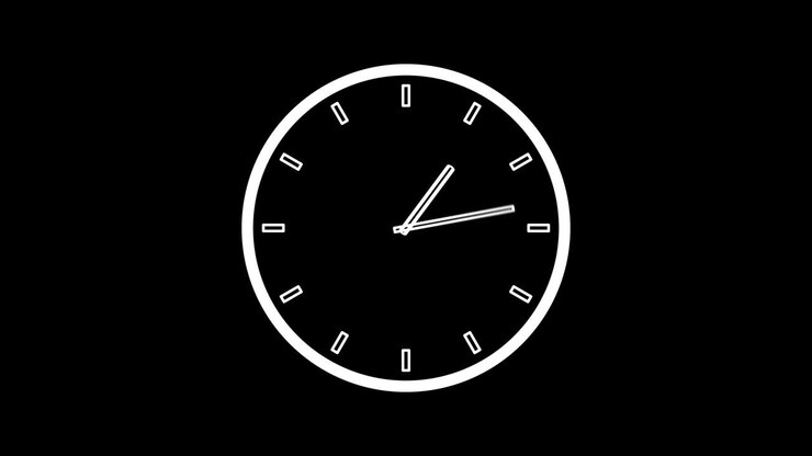White round clock with rotating animated arrows. Animation on black