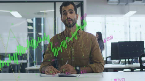 animation of financial data processing over middle eastern businessman in office