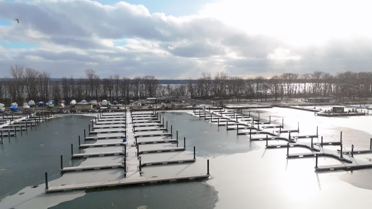 Aerial shot of a dock in the winter in Erie, PA.